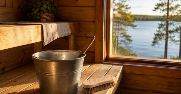 Saunan pesu kannattaa tehdä vuosittain. Pesuaineeksi riittää yleispesuaine ja pesuvälineeksi juuriharja.